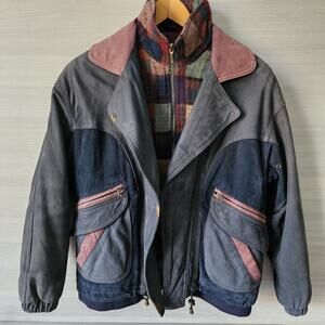 Vintage WINLIT Leather Bomber Biker Style Jacket Size Medium Colorblock 90's Y2K